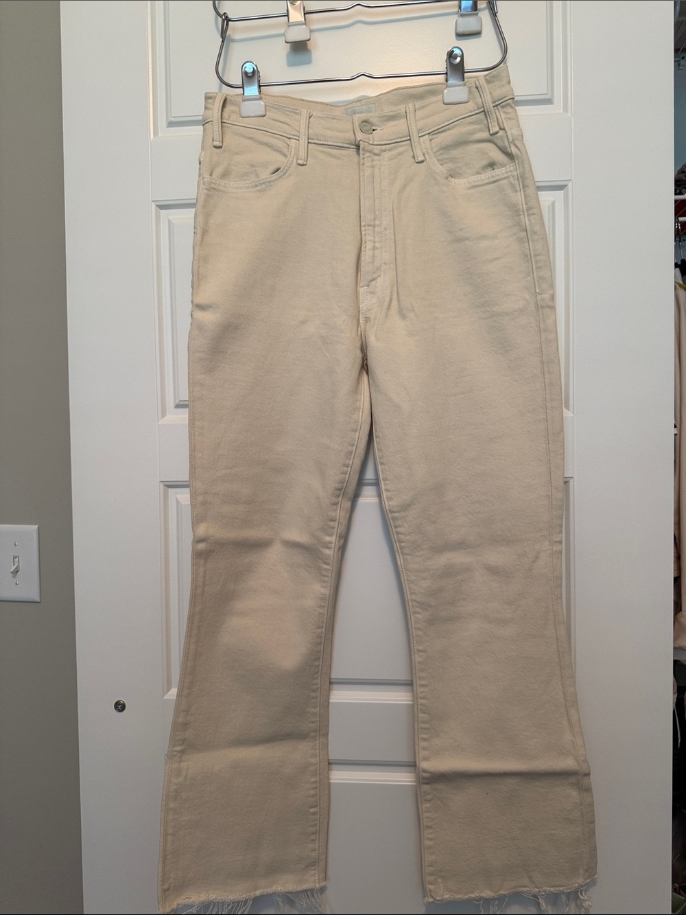 MOTHER Cream Wide-Leg Jeans with Frayed Hem